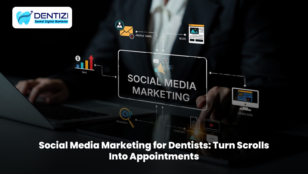 Dentist using social media marketing on a smartphone to attract dental patients